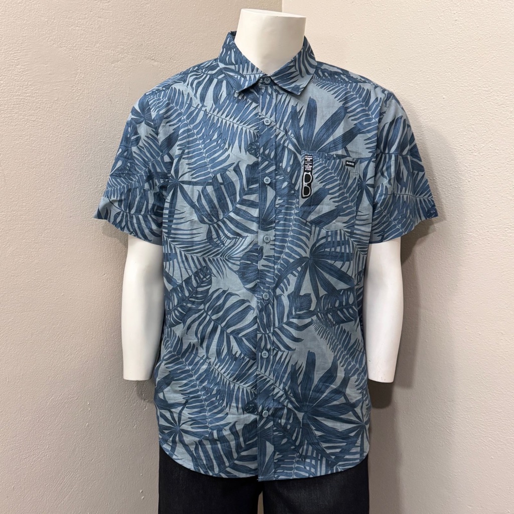 Hurley Men’s Aloha Gray Blue Button Down Shirt Hawaiian Print Short Sleeve L